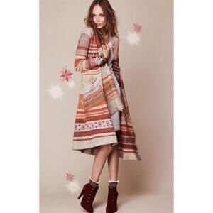 Free People Women’s S Orange Cream Yesterdays Smile Boho Maxi Knit Cardigan Rare